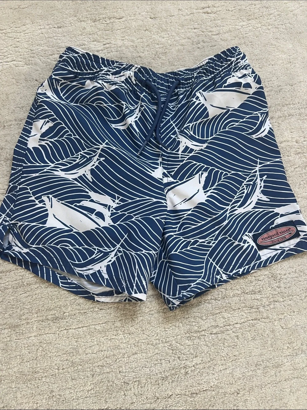 Vineyard Vines Navy and White Wave & Boat Print Men's Swim Trunks